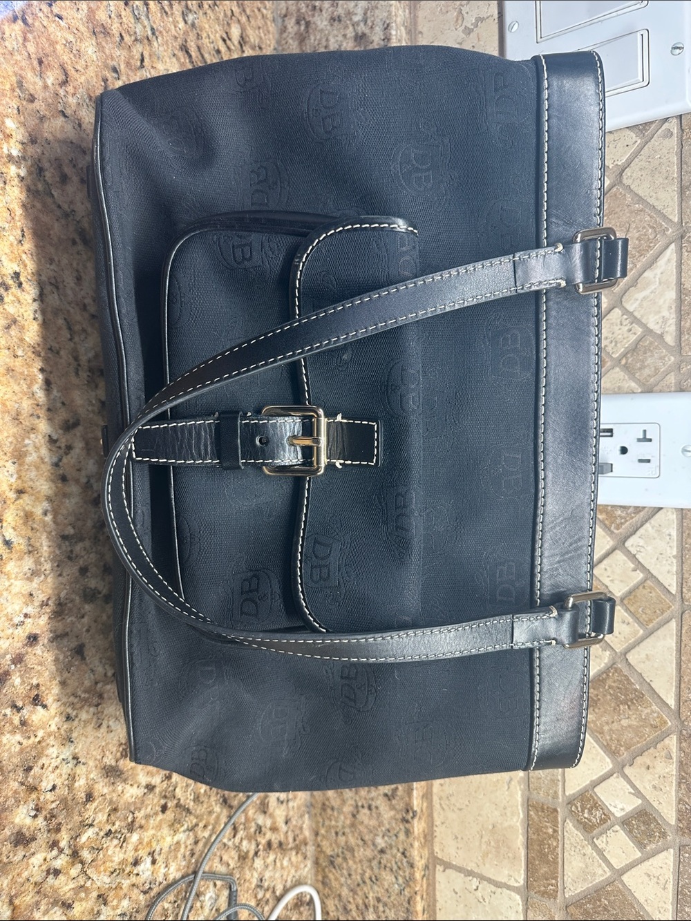 Black DB Logo Tote with Front Buckle Pocket